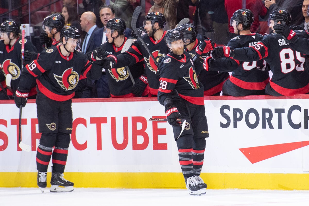 Oct 21, 2026; Ottawa, Ontario, CAN; Ottawa Senators right wing Claude Giroux (28) celebrates with teammates after a goal in the second period against the Florida Panthers at the Canadian Tire Centre. Mandatory Credit: Marc DesRosiers-Imagn