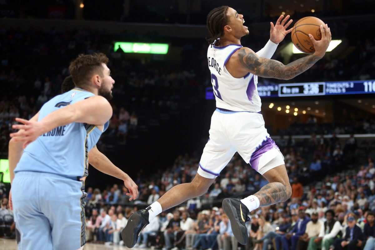 Oct 21, 2026; Memphis, Tennessee, USA; Utah Jazz guard Keyonte George (3) drives to the basket during the fourth quarter against the Memphis Grizzlies at FedExForum. Mandatory Credit: Petre Thomas-Imagn Images