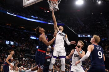 Oct 21, 2026; Inglewood, California, USA;  Sacramento Kings guard Zach LaVine (8) goes to the basket against Los Angeles Clippers forward Baba Miller (18) during the fourth quarter at Intuit Dome. Mandatory Credit: Kiyoshi Mio-Imagn Images