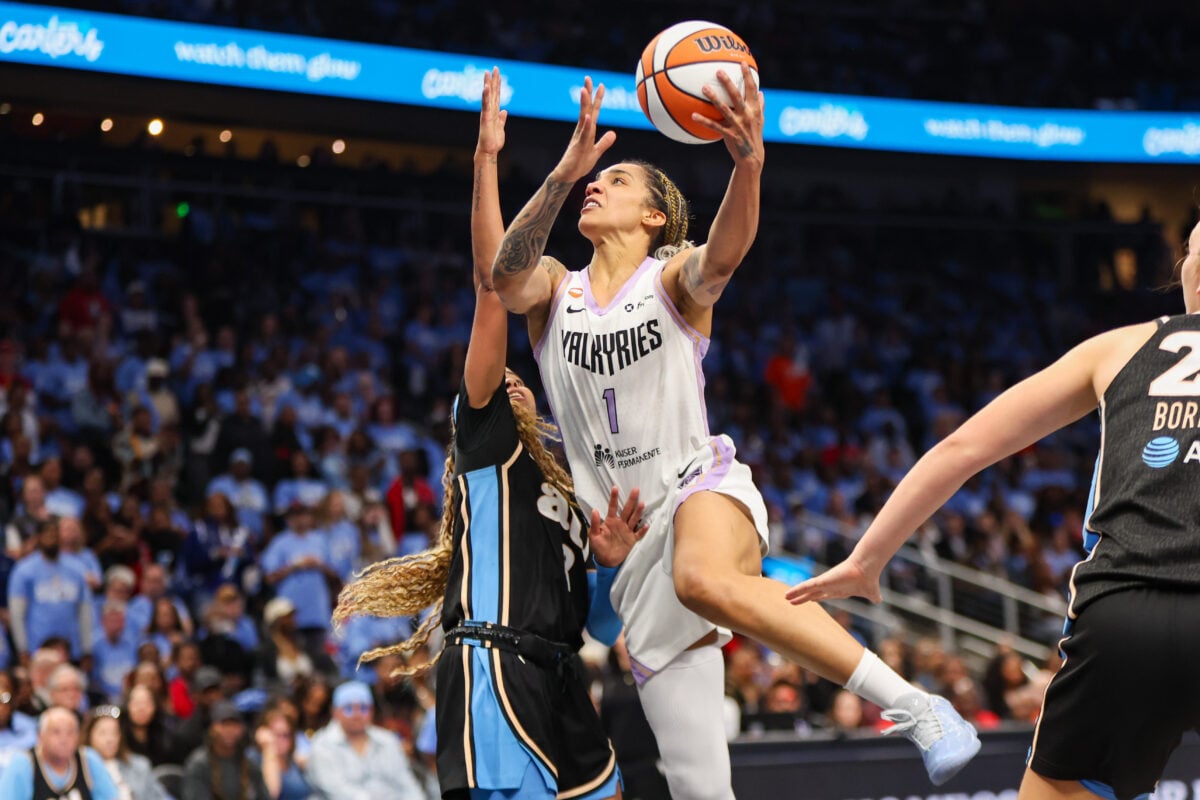Oct 21, 2026; Atlanta, Georgia, USA; Golden State Valkyries forward Gabby Williams (1) shoots against the Atlanta Dream in the fourth quarter during game three of the 2026 WNBA Finals at State Farm Arena. Mandatory Credit: Brett Davis-Imagn Images