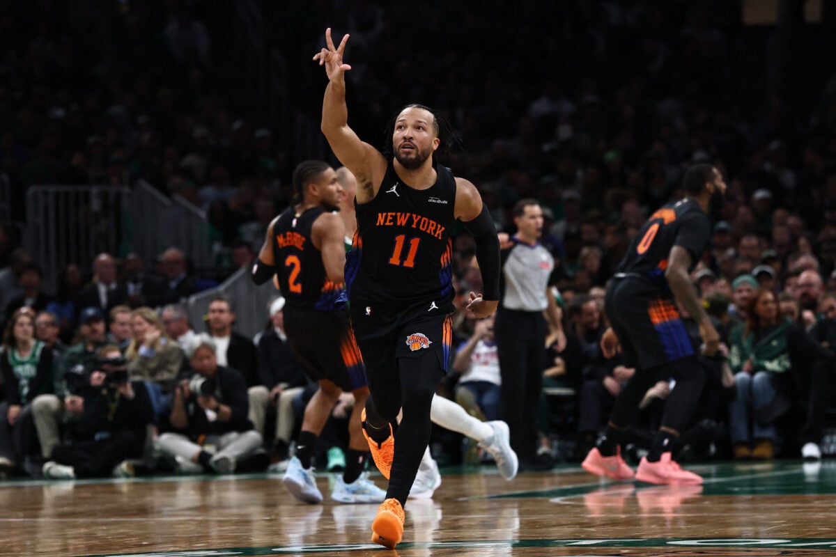 Oct 23, 2026; Boston, Massachusetts, USA; New York Knicks guard Jalen Brunson (11) celebrates after making a three point basket against the Boston Celtics during the second half at TD Garden. Mandatory Credit: Winslow Townson-Imagn Images