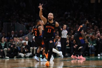 Oct 23, 2026; Boston, Massachusetts, USA; New York Knicks guard Jalen Brunson (11) celebrates after making a three point basket against the Boston Celtics during the second half at TD Garden. Mandatory Credit: Winslow Townson-Imagn Images