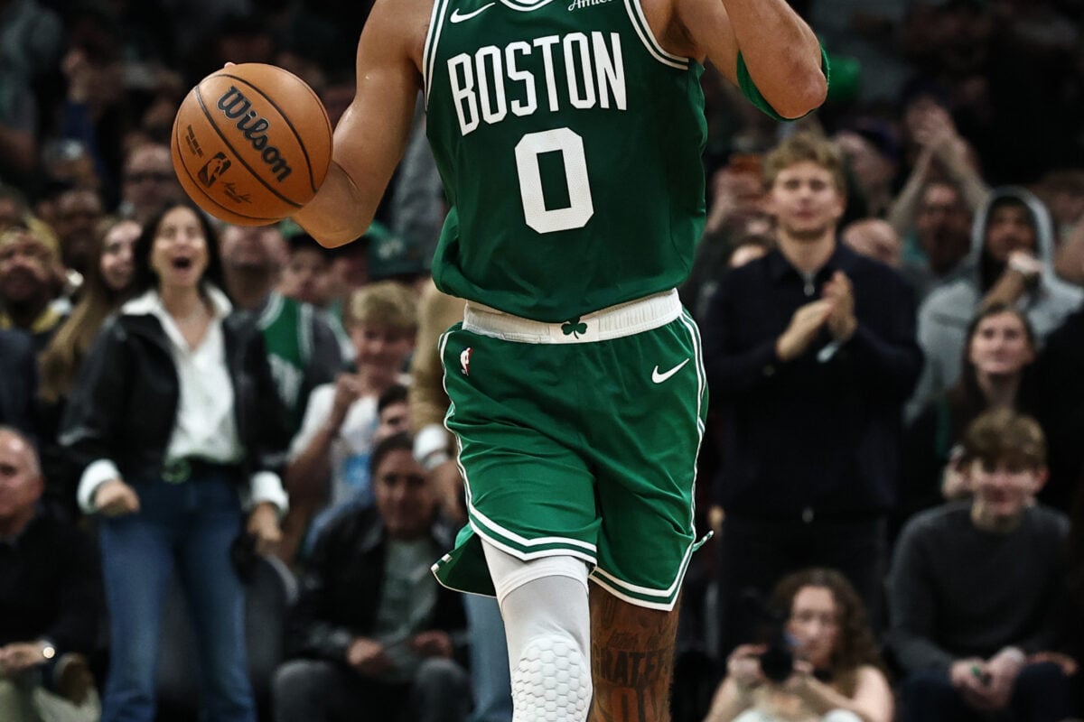 Oct 23, 2026; Boston, Massachusetts, USA; Boston Celtics forward Jayson Tatum (0) during the second half against the New York Knicks at TD Garden. Mandatory Credit: Winslow Townson-Imagn Images