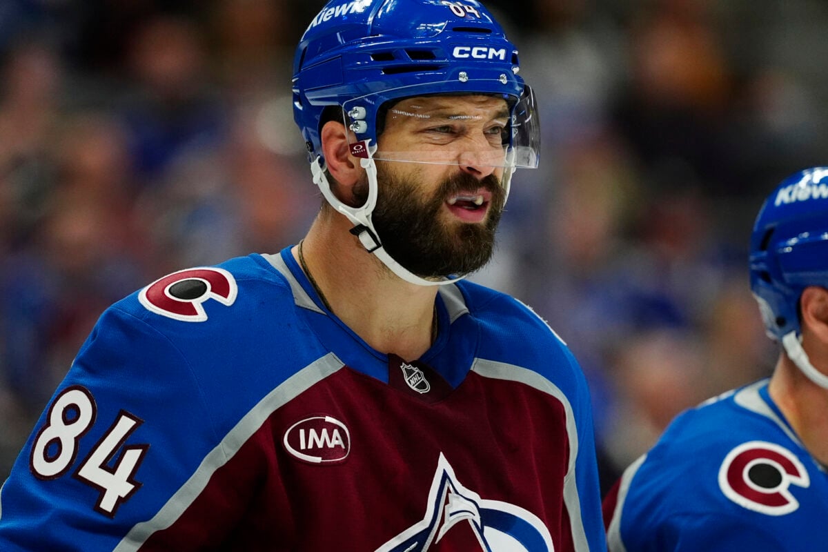 Oct 23, 2026; Denver, Colorado, USA;  Colorado Avalanche defenseman Brent Burns (84) looks on during the third period against the Tampa Bay Lightning at Ball Arena.  Mandatory Credit: Ron Chenoy-Imagn Images