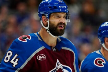 Oct 23, 2026; Denver, Colorado, USA;  Colorado Avalanche defenseman Brent Burns (84) looks on during the third period against the Tampa Bay Lightning at Ball Arena.  Mandatory Credit: Ron Chenoy-Imagn Images