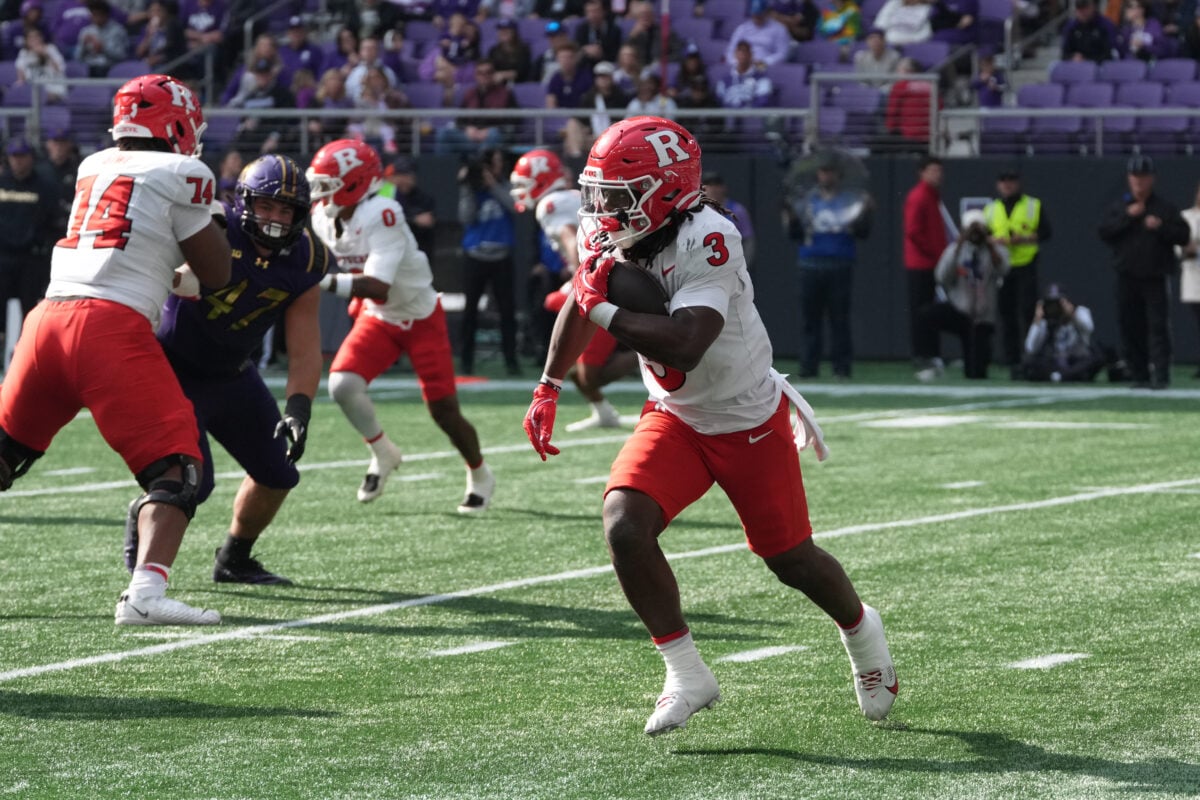 Oct 24, 2026; Evanston, Illinois, USA;  Rutgers Scarlet Knights running back Antwan Raymond (3) runs the ball against the Northwestern Wildcats during the first half at New Ryan Field.  Mandatory Credit: David Banks-Imagn Images