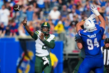 Oct 24, 2026; Lawrence, Kansas, USA; Baylor Bears quarterback DJ Lagway (2) throws a pass during the second half against the Kansas Jayhawks at David Booth Kansas Memorial Stadium. Mandatory Credit: Jay Biggerstaff-Imagn Images