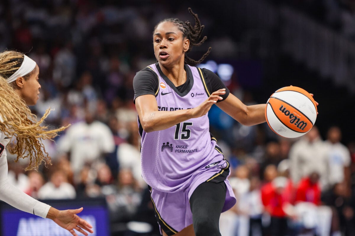 Oct 24, 2026; Atlanta, Georgia, USA; Golden State Valkyries guard Tiffany Hayes (15) dribbles against the Atlanta Dream in the fourth quarter during game four of the 2026 WNBA Finals at State Farm Arena. Mandatory Credit: Brett Davis-Imagn Images