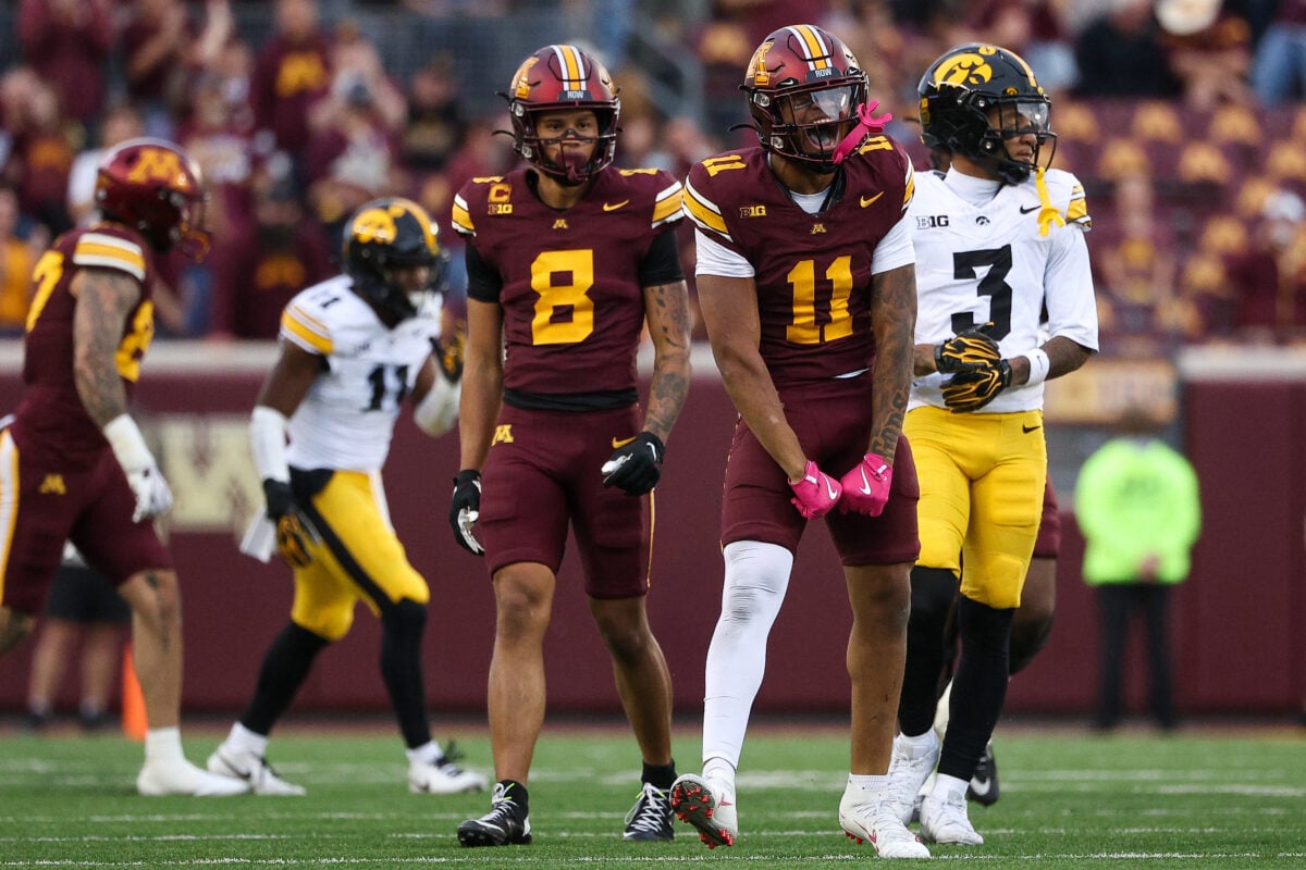 Oct 24, 2026; Minneapolis, Minnesota, USA; Minnesota Golden Gophers wide receiver Javon Tracy (11) celebrates against the Iowa Hawkeyes during the second half at Huntington Bank Stadium. Mandatory Credit: Matt Krohn-Imagn Images