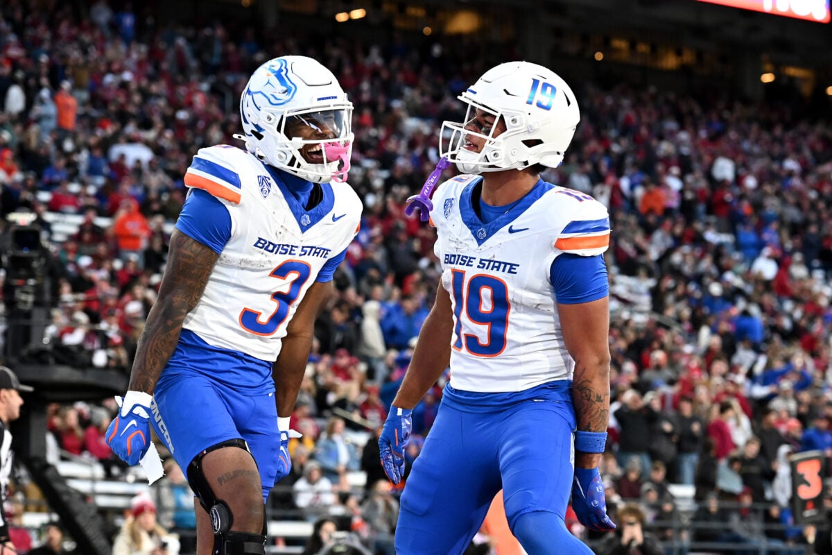 Oct 24, 2026; Pullman, Washington, USA; Boise State Broncos wide receiver Cam Bates (3) and wide receiver Rasean Jones (19) celebrate a touchdown against the Washington State Cougars during the second half at Gesa Field at Martin Stadium. Boise State Broncos won 31-10. Mandatory Credit: James Snook-Imagn Images