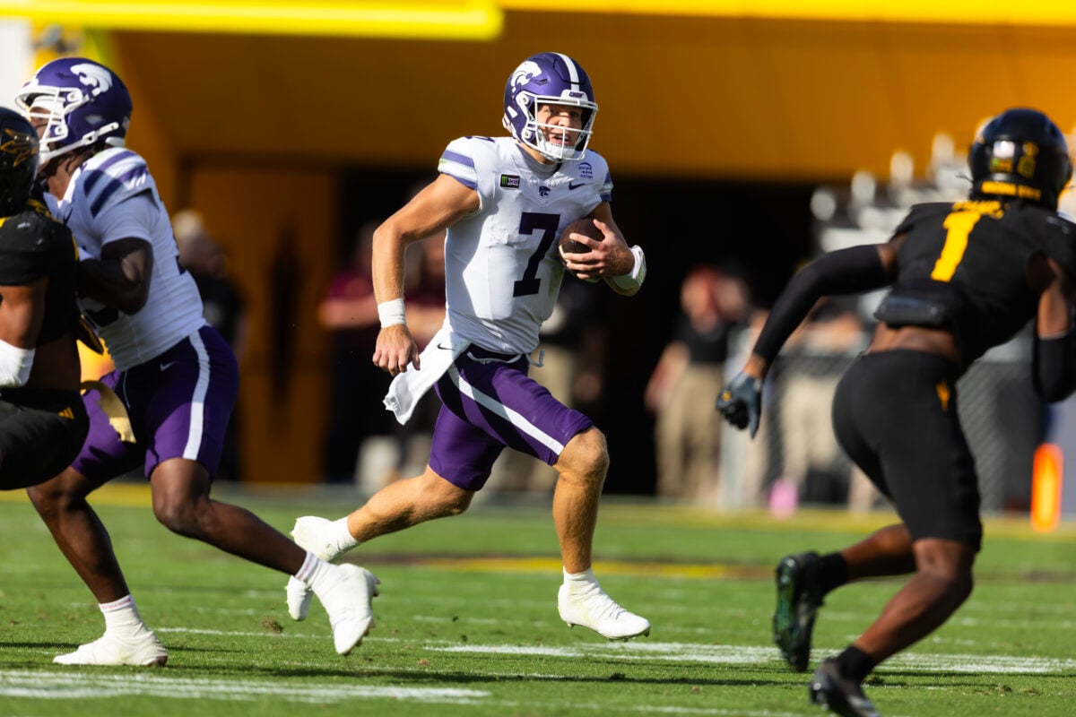 Oct 24, 2026; Tempe, Arizona, USA; Kansas State Wildcats quarterback Jacob Knuth (7) against the Arizona State Sun Devils in the second half at Mountain America Stadium. Mandatory Credit: Mark J. Rebilas-Imagn Images
