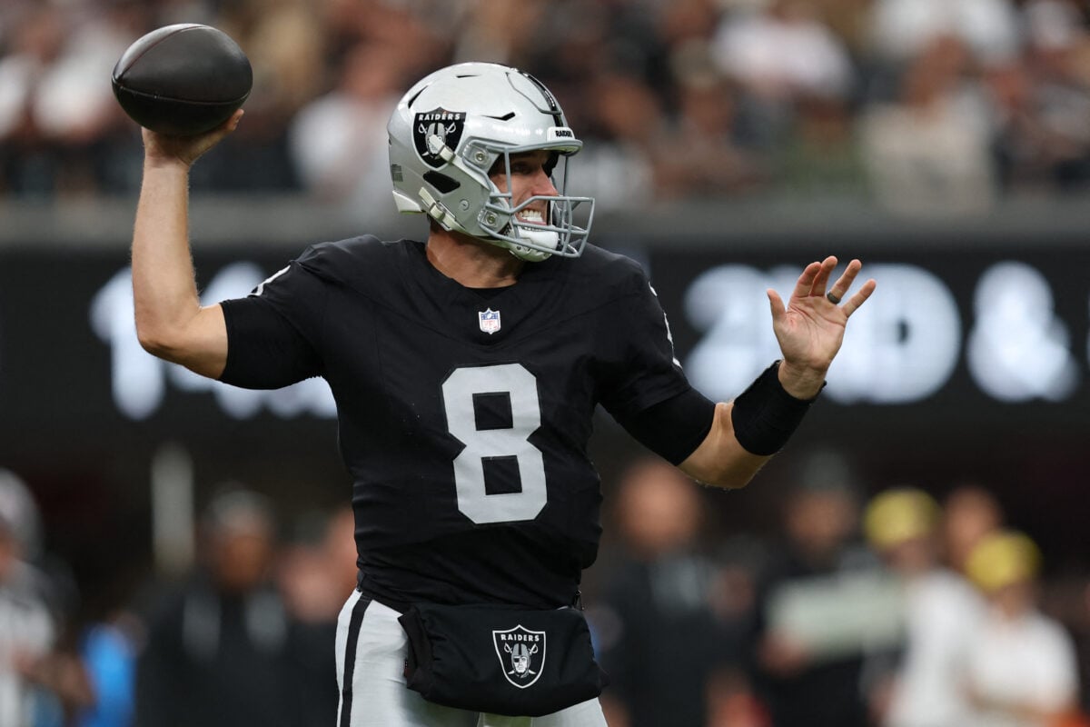 Oct 25, 2026; Paradise, Nevada, USA; Las Vegas Raiders quarterback Kirk Cousins (8) drops back to pass against the Los Angeles Rams at Allegiant Stadium. Mandatory Credit: David Brytus-Imagn Images