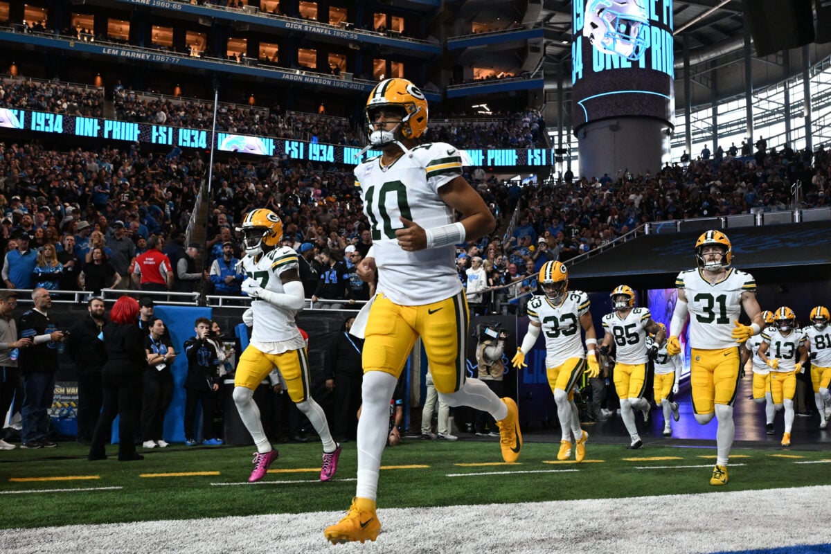 Oct 25, 2026; Detroit, Michigan, USA; Green Bay Packers quarterback Jordan Love (10) leads the team onto the field prior to the game against the Detroit Lions at Ford Field. Mandatory Credit: Lon Horwedel-Imagn Images