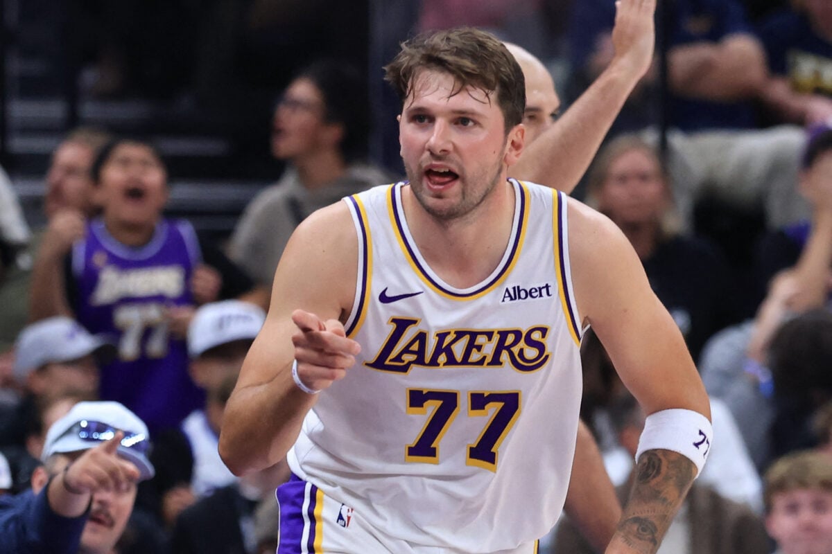 Oct 25, 2026; Salt Lake City, Utah, USA;  Los Angeles Lakers guard Luka Doncic (77) reacts after making a shot against the Utah Jazz during the second half at Delta Center.  Mandatory Credit: Rob Gray-Imagn Images