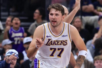Oct 25, 2026; Salt Lake City, Utah, USA;  Los Angeles Lakers guard Luka Doncic (77) reacts after making a shot against the Utah Jazz during the second half at Delta Center.  Mandatory Credit: Rob Gray-Imagn Images