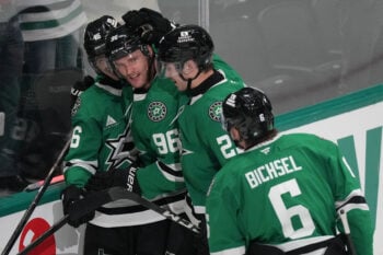Oct 25, 2026; Dallas, Texas, USA;  Dallas Stars right wing Mikko Rantanen (96) celebrates his goal with teammates during the third period against the New York Islanders at American Airlines Center. Mandatory Credit: Raymond Carlin III-Imagn Images
