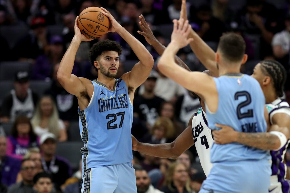 Oct 25, 2026; Sacramento, California, USA;  Memphis Grizzlies forward Cameron Boozer (27) controls the ball against the Sacramento Kings during the fourth quarter at Golden 1 Center.  Mandatory Credit: Dennis Lee-Imagn Images