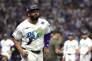 Oct 26, 2026; St. Petersburg, Florida, USA;  Tampa Bay Rays infielder Junior Caminero (13) runs on the field during player introductions before game three of the 2026 World Series against the Milwaukee Brewers at Tropicana Field.  Mandatory Credit: Kim Klement Neitzel-Imagn Images