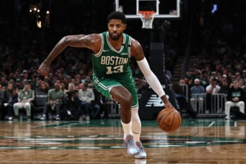 Oct 26, 2026; Boston, Massachusetts, USA; Boston Celtics forward Paul George (13) drives against the Chicago Bulls during the second half at TD Garden. Mandatory Credit: Winslow Townson-Imagn Images