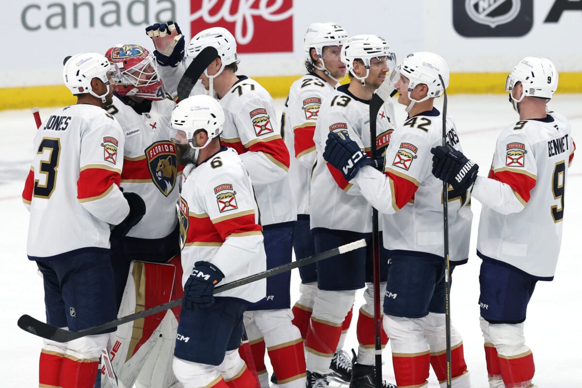 Oct 27, 2026; Winnipeg, Manitoba, CAN;  Florida Panthers celebrate their victory over the Winnipeg Jets at Canada Life Centre.  Mandatory Credit: James Carey Lauder-Imagn Images