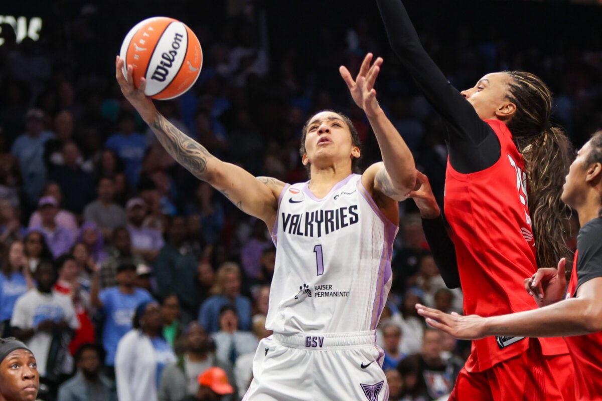 Oct 29, 2026; Atlanta, Georgia, USA; Golden State Valkyries forward Gabby Williams (1) shoots against the Atlanta Dream in the fourth quarter during game six of the 2026 WNBA Finals at State Farm Arena. Mandatory Credit: Brett Davis-Imagn Images