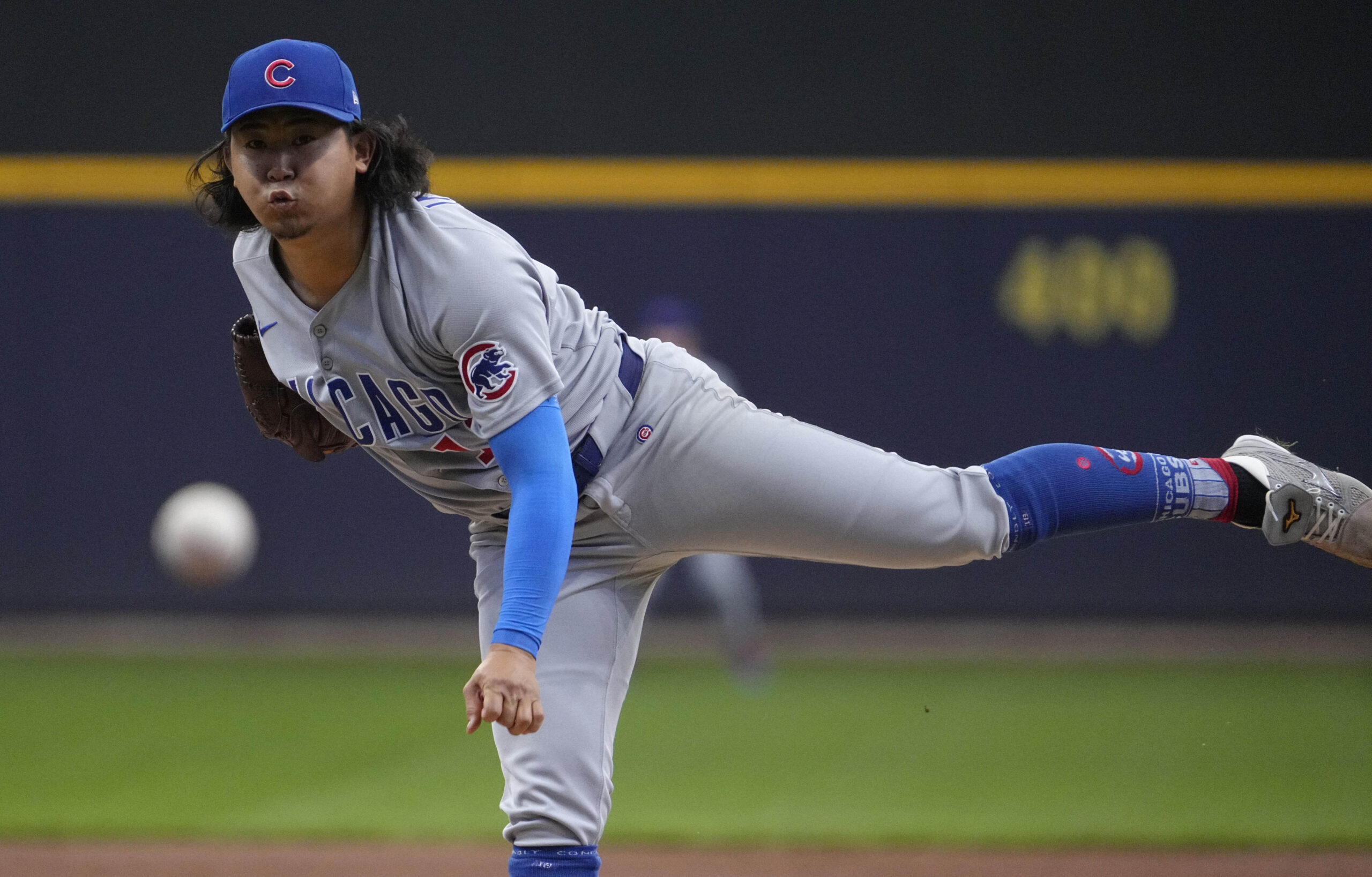 May 4, 2025; Milwaukee, Wisconsin, USA; Chicago Cubs pitcher Shota Imanaga (18) delivers a pitch against the Milwaukee Brewers in the first inning at American Family Field. Mandatory Credit: Michael McLoone-Imagn Images