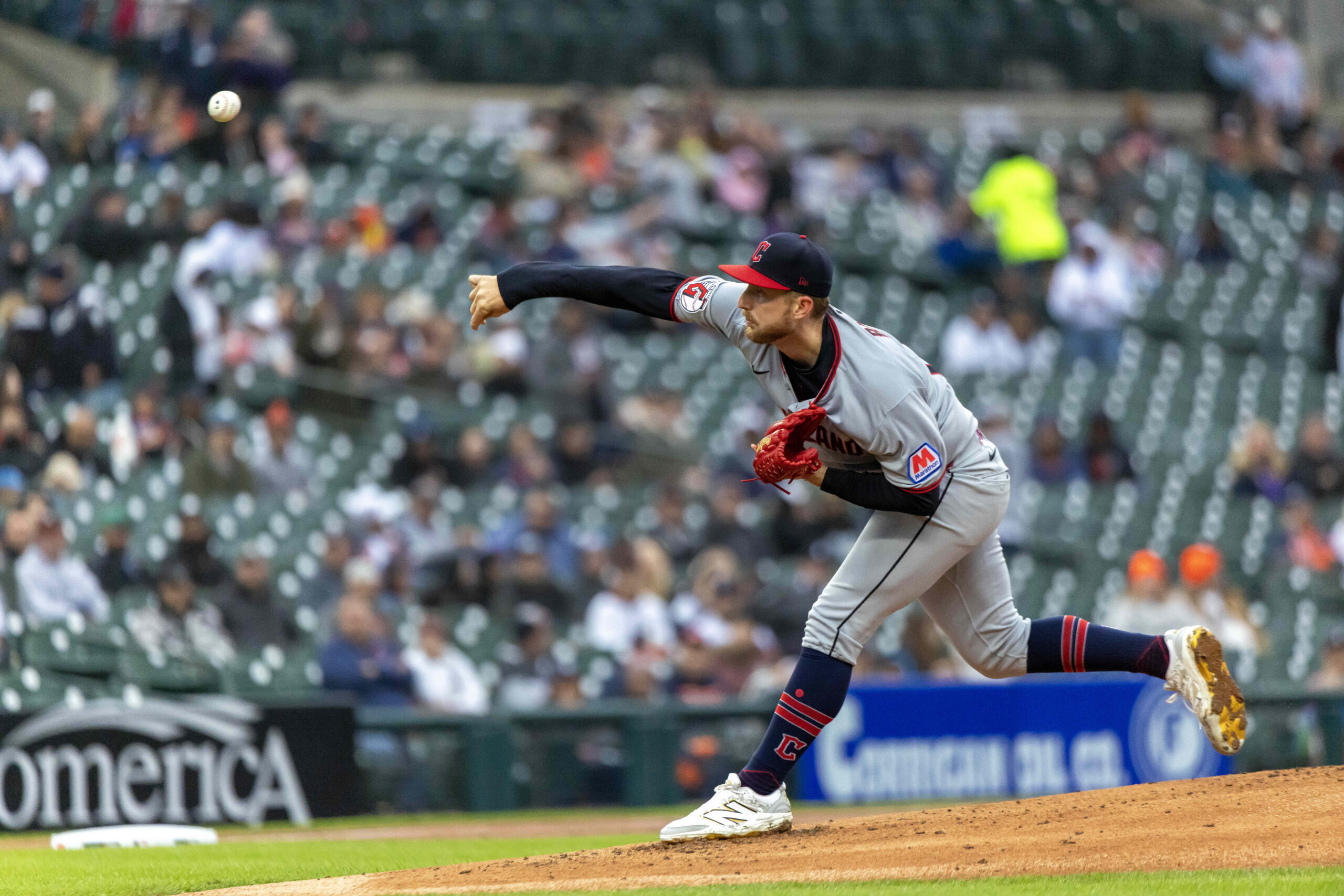 May 22, 2025; Detroit, Michigan, USA; Cleveland Guardians pitcher Tanner Bibee (28) delivers in the first inning against the Detroit Tigers at Comerica Park. Mandatory Credit: David Reginek-Imagn Images