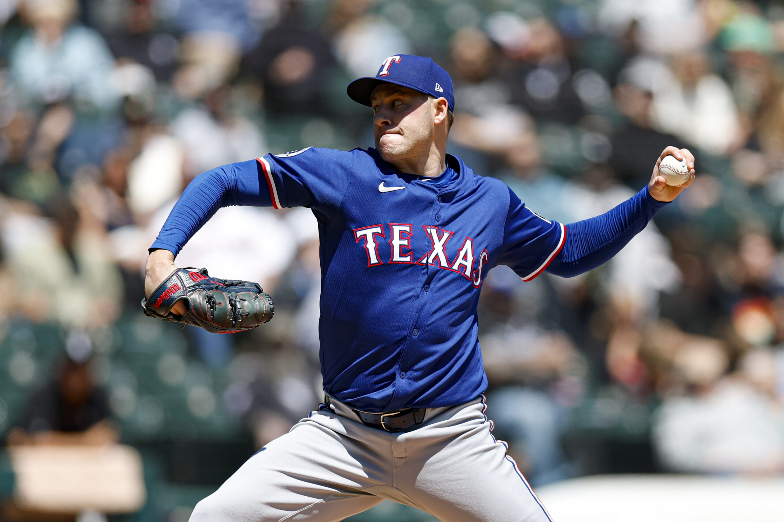 May 25, 2025; Chicago, Illinois, USA; Texas Rangers starting pitcher Patrick Corbin (46) delivers a pitch against the Chicago White Sox during the second inning at Rate Field. Mandatory Credit: Kamil Krzaczynski-Imagn Images