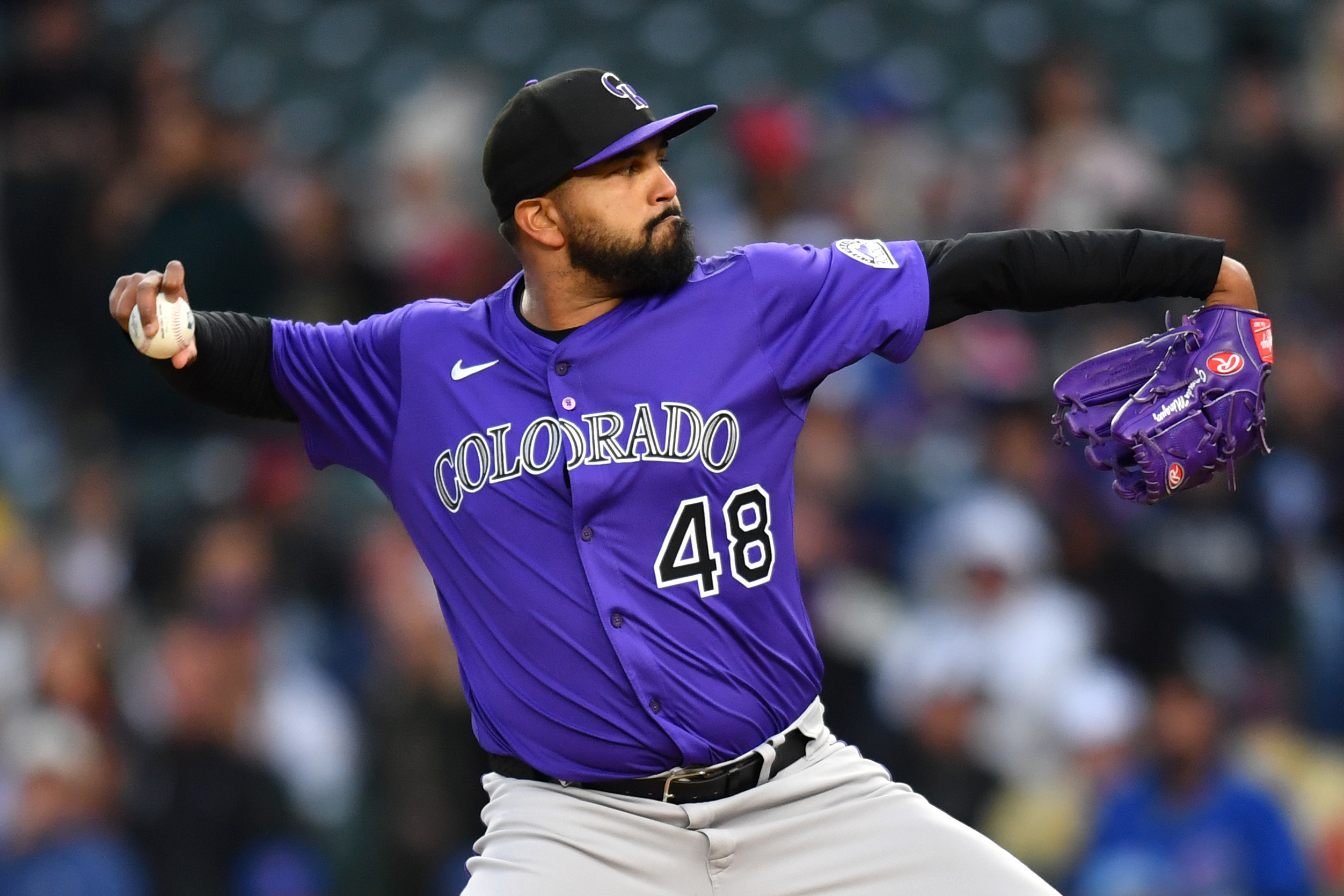May 27, 2025; Chicago, Illinois, USA; Colorado Rockies starting pitcher German Marquez (48) pitches during the first inning against the Chicago Cubs at Wrigley Field. Mandatory Credit: Patrick Gorski-Imagn Images