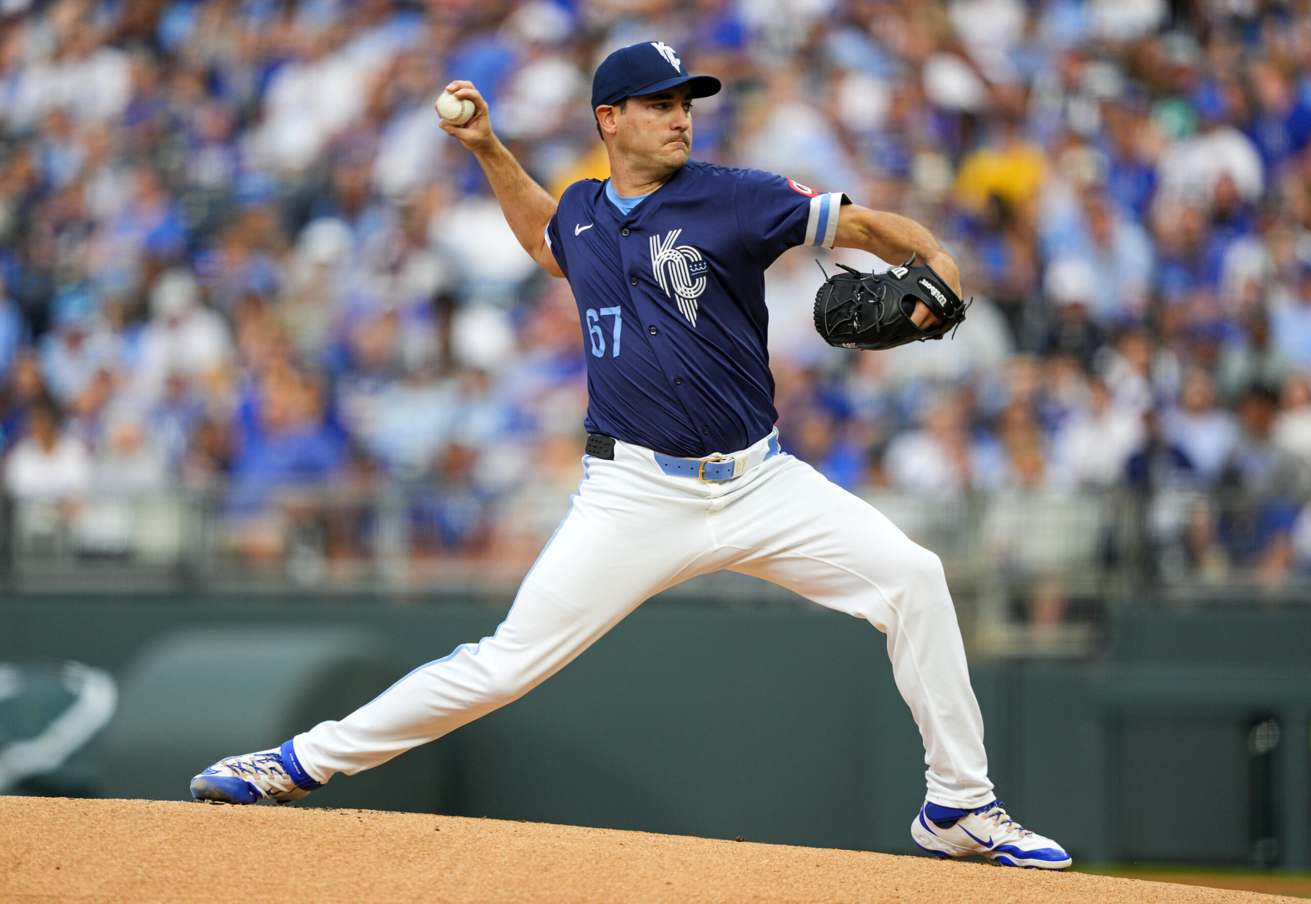 May 30, 2025; Kansas City, Missouri, USA; Kansas City Royals starting pitcher Seth Lugo (67) pitches during the first inning against the Detroit Tigers at Kauffman Stadium. Mandatory Credit: Jay Biggerstaff-Imagn Images