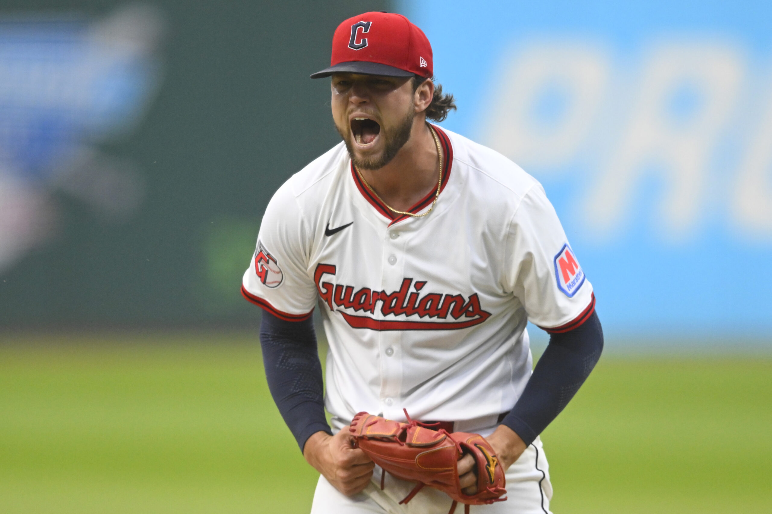 Jun 10, 2025; Cleveland, Ohio, USA; Cleveland Guardians starting pitcher Slade Cecconi (44) reacts after ending the fourth inning with a strikeout in the fourth inning against the Cincinnati Reds at Progressive Field. Mandatory Credit: David Richard-Imagn Images