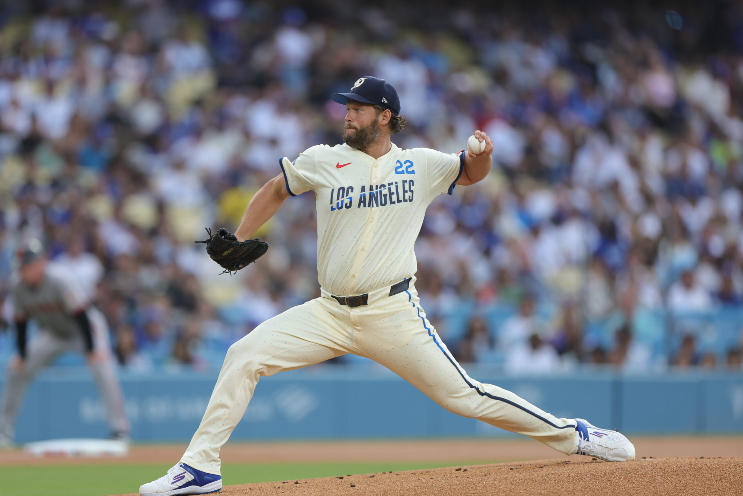Jun 14, 2025; Los Angeles, California, USA; Los Angeles Dodgers pitcher Clayton Kershaw (22) on the mound during the first inning against the San Francisco Giants at Dodger Stadium. Mandatory Credit: Ryan Sun-Imagn Images