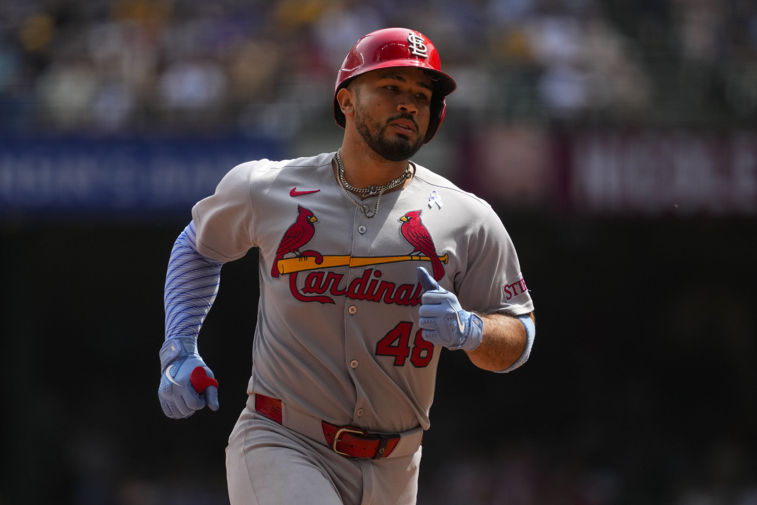 Jun 15, 2025; Milwaukee, Wisconsin, USA;  St. Louis Cardinals catcher Ivan Herrera (48) rounds the bases during the game against the Milwaukee Brewers at American Family Field. Mandatory Credit: Jeff Hanisch-Imagn Images