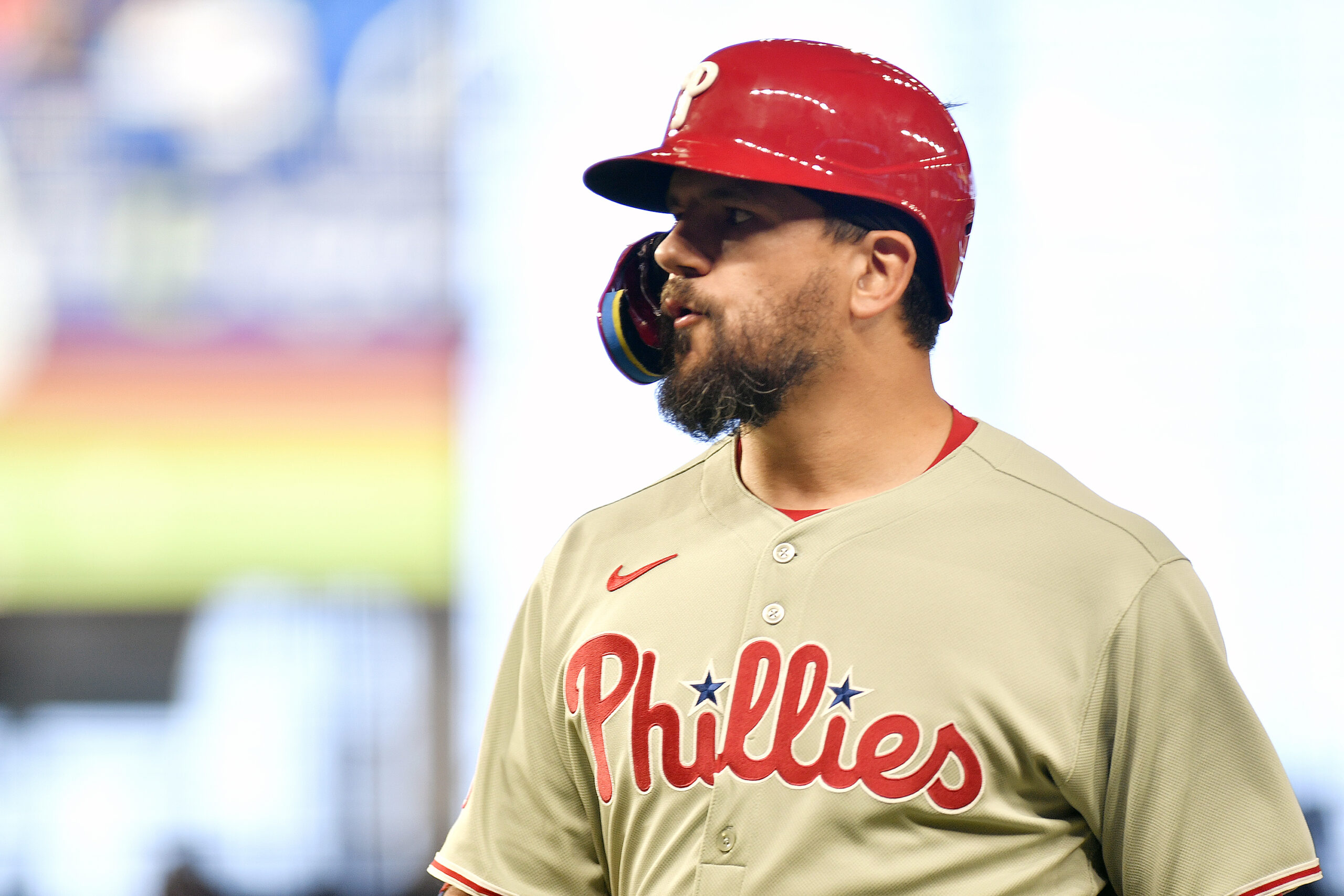 Jun 17, 2025; Miami, Florida, USA;  Philadelphia Phillies’ Kyle Schwarber walks back to the dugout after hitting a flyout to deep left field during the 1st inning against the Miami Marlins at loanDepot Park. Mandatory Credit: Michael Laughlin-Imagn Images