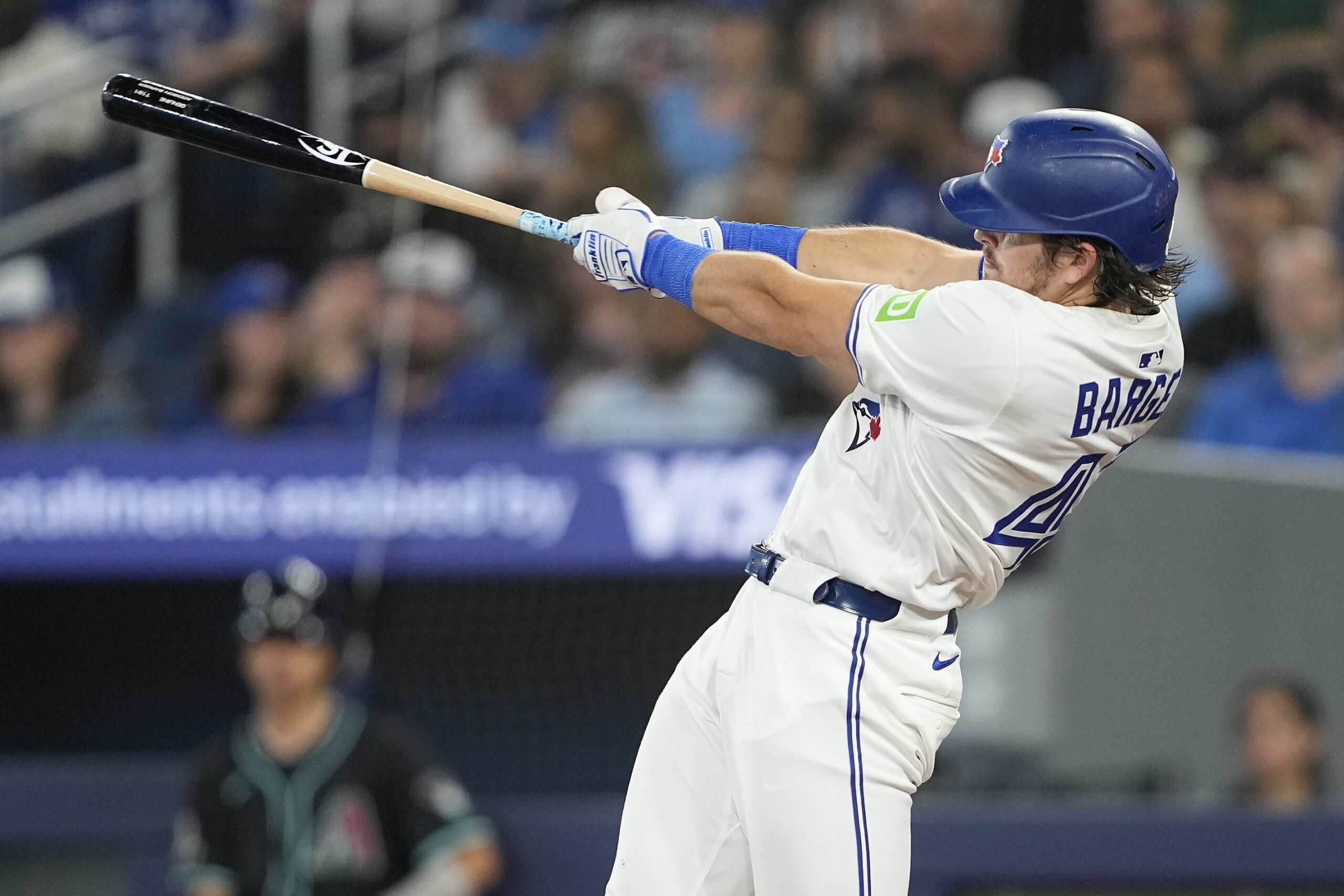 Jun 18, 2025; Toronto, Ontario, CAN; Toronto Blue Jays right fielder Addison Barger (47) hits and RBI double against the Arizona Diamondbacks during the sixth inning at Rogers Centre. Mandatory Credit: John E. Sokolowski-Imagn Images