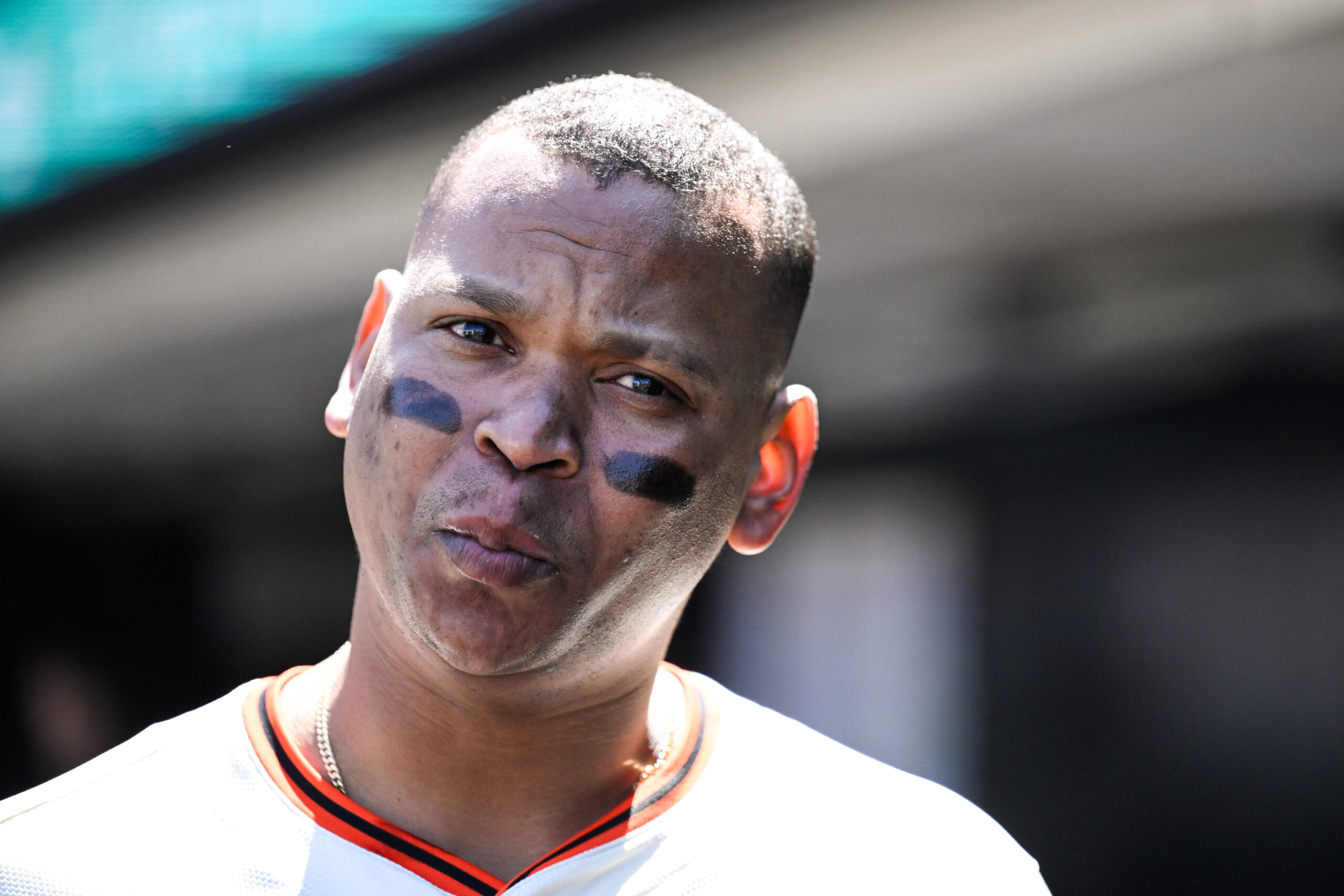Jun 26, 2025; San Francisco, California, USA;  San Francisco Giants designated hitter Rafael Devers (16) stands in the dugout against the Miami Marlins in the ninth inning at Oracle Park. Mandatory Credit: Eakin Howard-Imagn Images