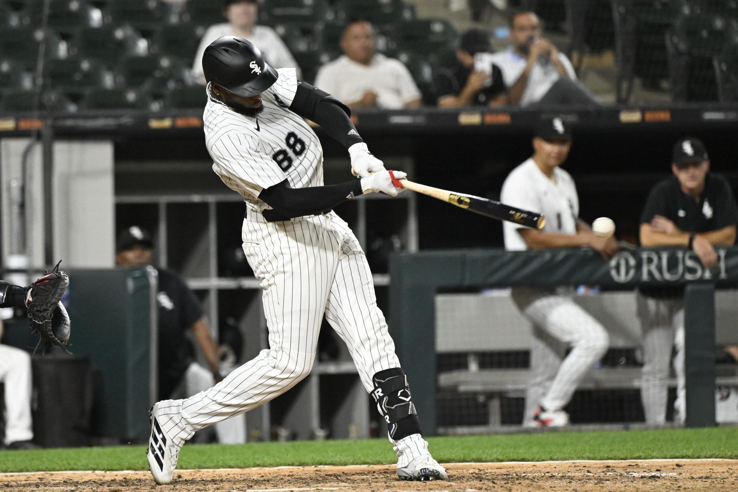 Jun 23, 2025; Chicago, Illinois, USA; Chicago White Sox outfielder Luis Robert Jr. (88) hits a single during the ninth inning against the Arizona Diamondbacks at Rate Field. Mandatory Credit: Matt Marton-Imagn Images
