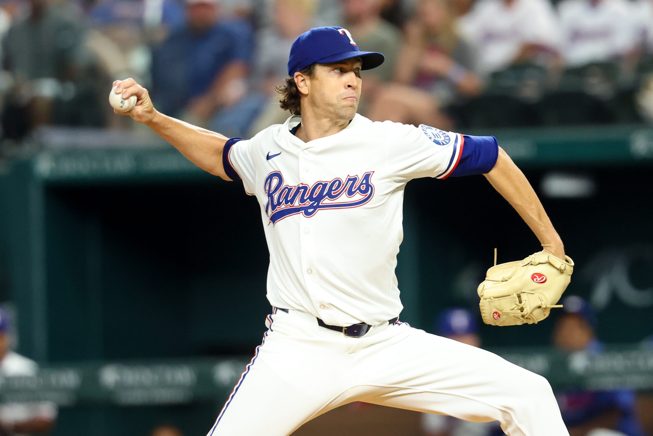 Jul 1, 2025; Arlington, Texas, USA;  Texas Rangers starting pitcher Jacob deGrom (48) throws during the first inning against the Baltimore Orioles at Globe Life Field. Mandatory Credit: Kevin Jairaj-Imagn Images
