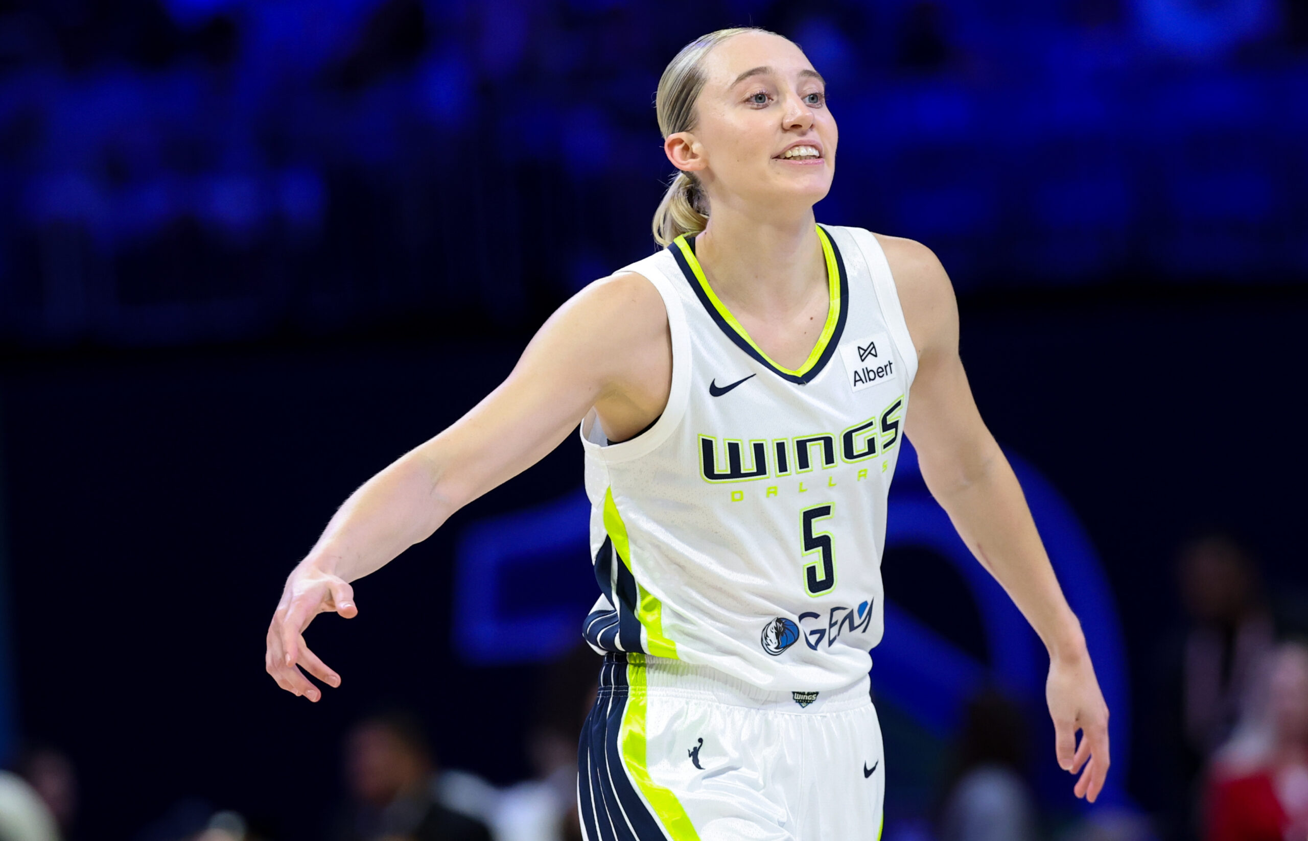 Jul 3, 2025; Arlington, Texas, USA;  Dallas Wings guard Paige Bueckers (5) reacts against the Phoenix Mercury  during the first half at College Park Center. Mandatory Credit: Kevin Jairaj-Imagn Images