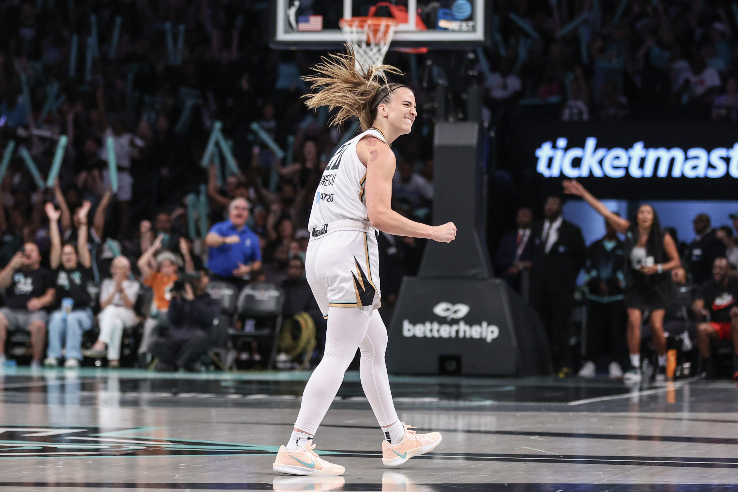 Jul 3, 2025; Brooklyn, New York, USA;  New York Liberty guard Sabrina Ionescu (20) celebrates after scoring in the third quarter against the Los Angeles Sparks at Barclays Center. Mandatory Credit: Wendell Cruz-Imagn Images