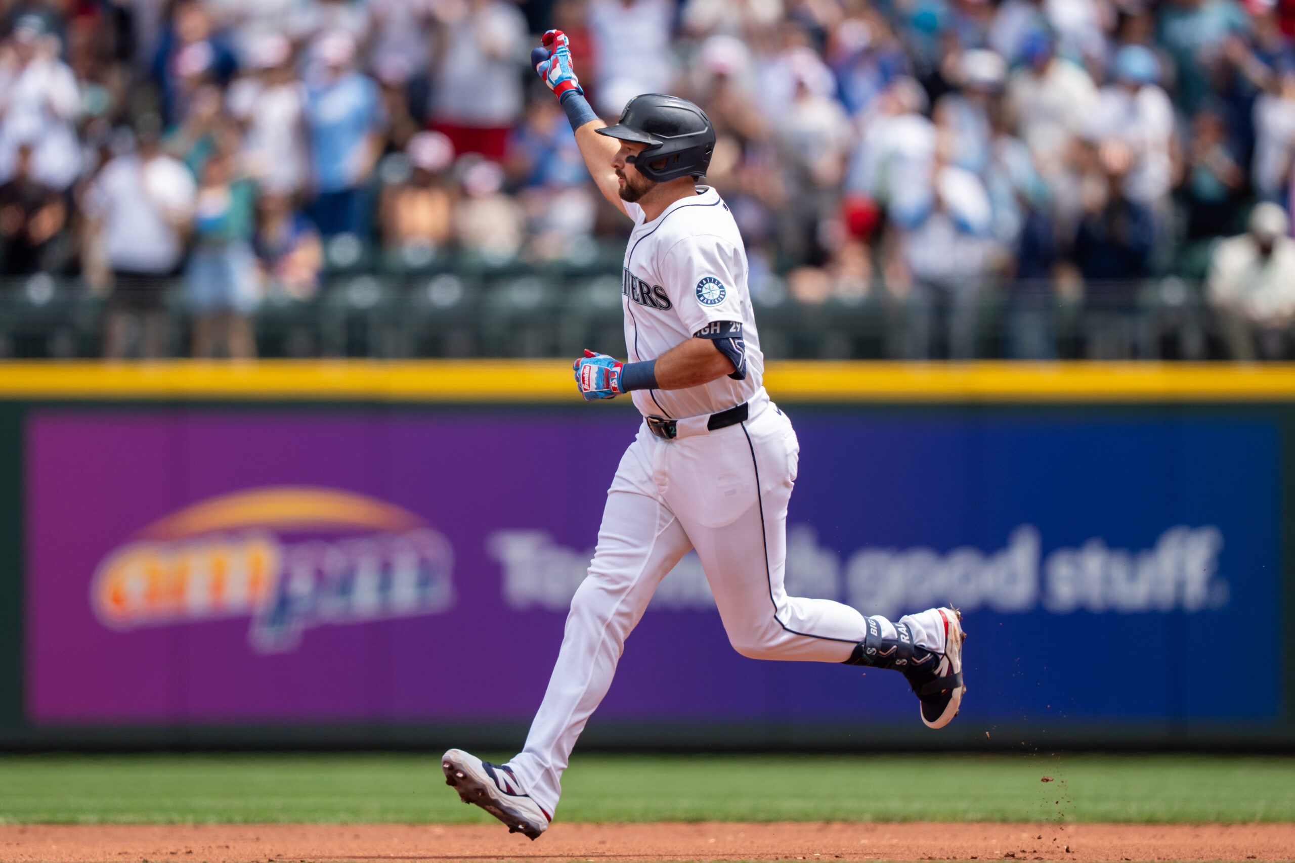 Jul 4, 2025; Seattle, Washington, USA; Seattle Mariners designated hitter Cal Raleigh (29) rounds the bases after hitting a solo home run during the first inning against the Pittsburgh Pirates at T-Mobile Park. Mandatory Credit: Stephen Brashear-Imagn Images