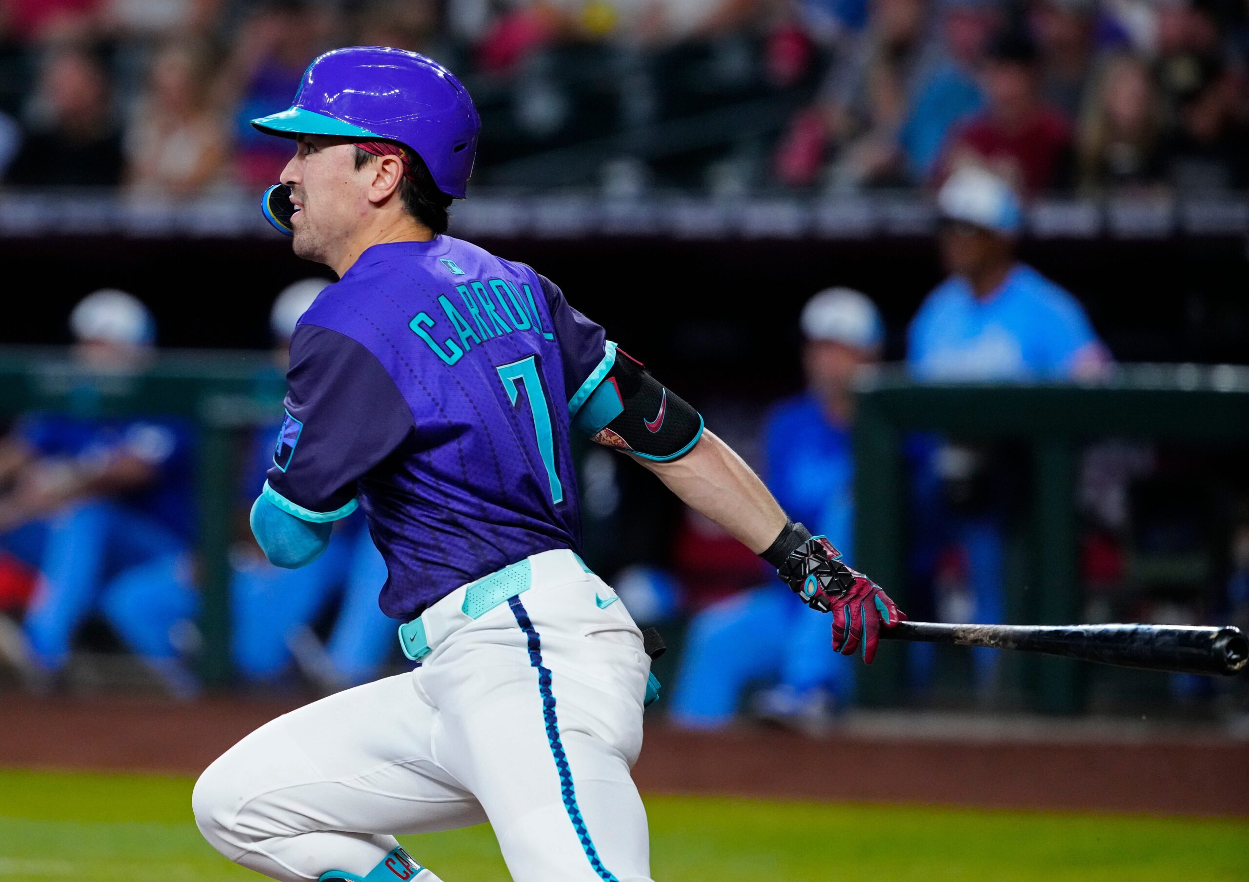 Diamondbacks outfielder Corbin Carroll (7) hits a ball in the third inning against the Royals during a game in Phoenix, at Chase Field on July 5, 2025.