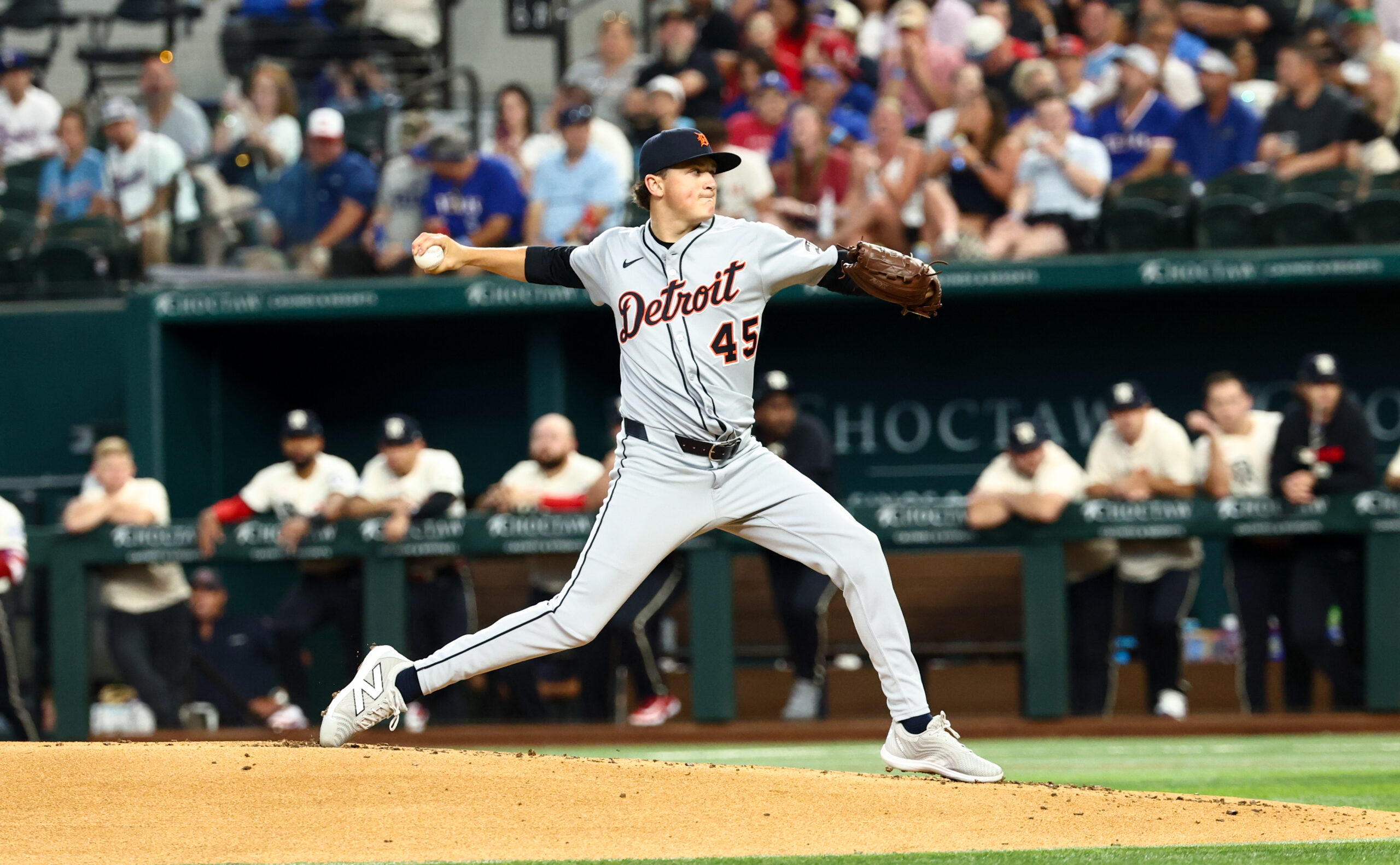 Jul 18, 2025; Arlington, Texas, USA;  Detroit Tigers starting pitcher Reese Olson (45) throws during the first inning against the Texas Rangers at Globe Life Field. Mandatory Credit: Kevin Jairaj-Imagn Images