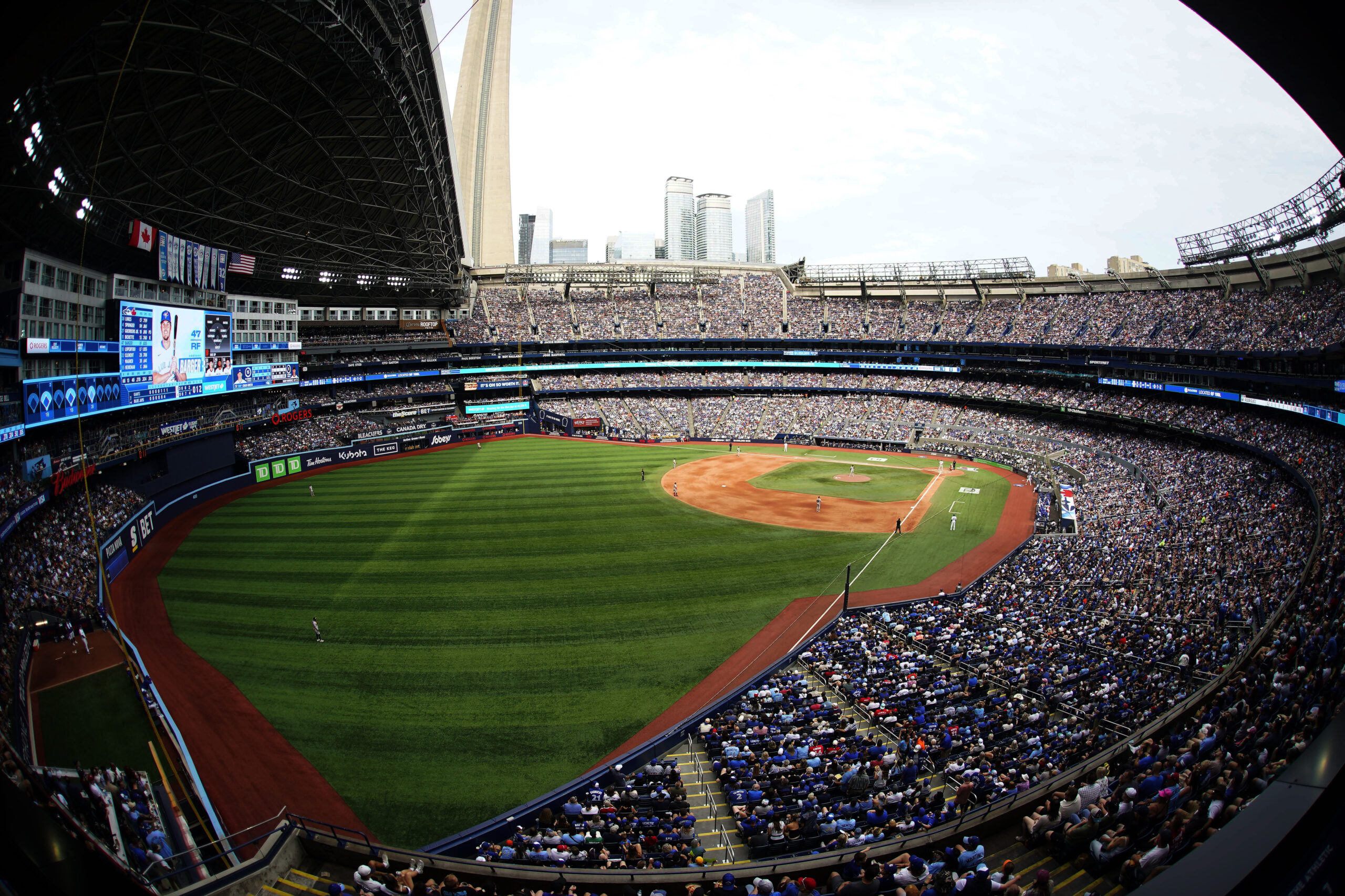 Jul 19, 2025; Toronto, Ontario, CAN; A general view of  Rogers Centre from left field during a game between the San Francisco Giants and Toronto Blue Jays. Mandatory Credit: John E. Sokolowski-Imagn Images