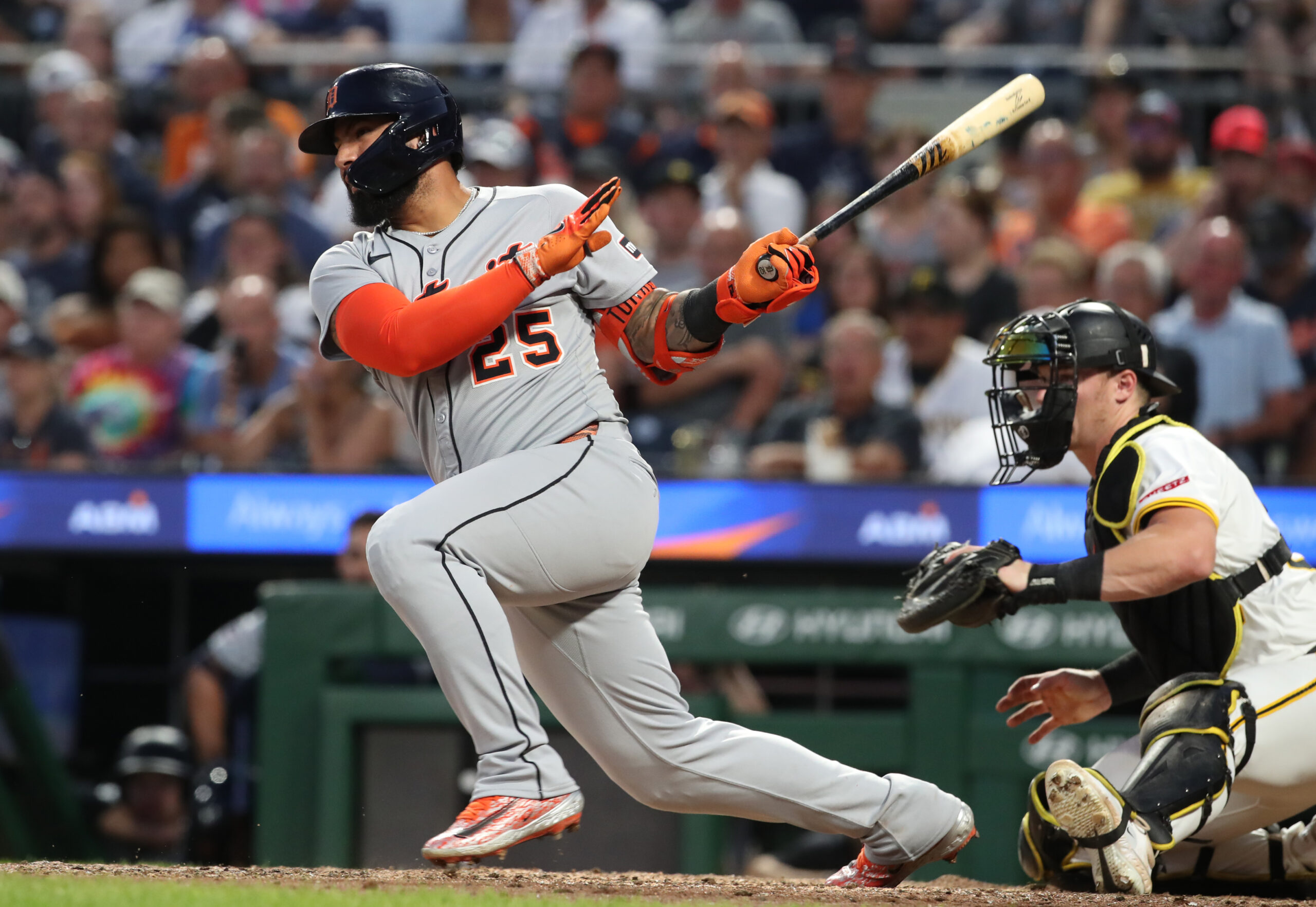Jul 22, 2025; Pittsburgh, Pennsylvania, USA;  Detroit Tigers second baseman Gleyber Torres (25) hits a single against the Pittsburgh Pirates during the seventh inning at PNC Park. Mandatory Credit: Charles LeClaire-Imagn Images