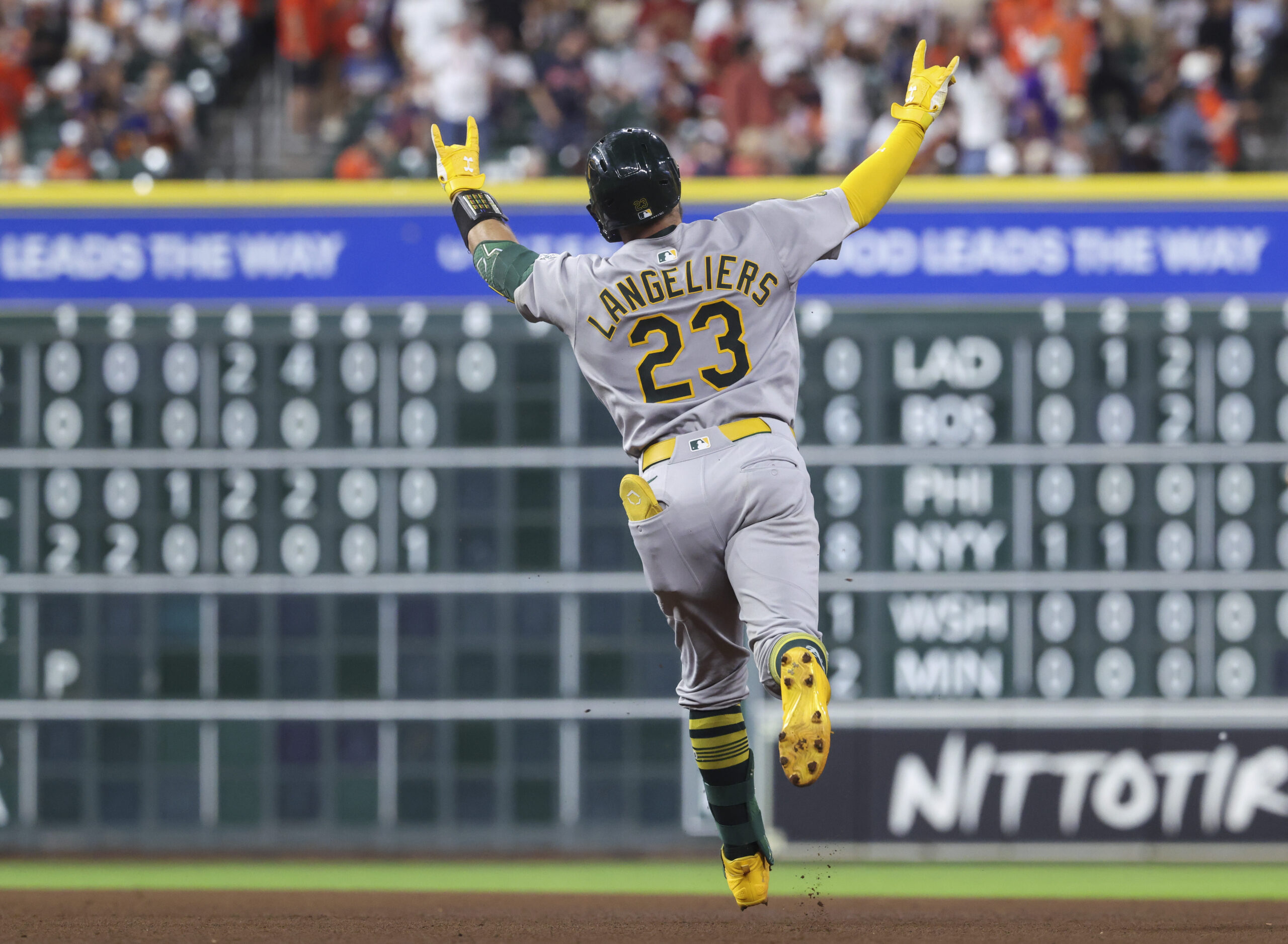Jul 25, 2025; Houston, Texas, USA;  Athletics catcher Shea Langeliers (23) rounds the bases after hitting a home run during the fourth inning against the Houston Astros at Daikin Park. Mandatory Credit: Troy Taormina-Imagn Images