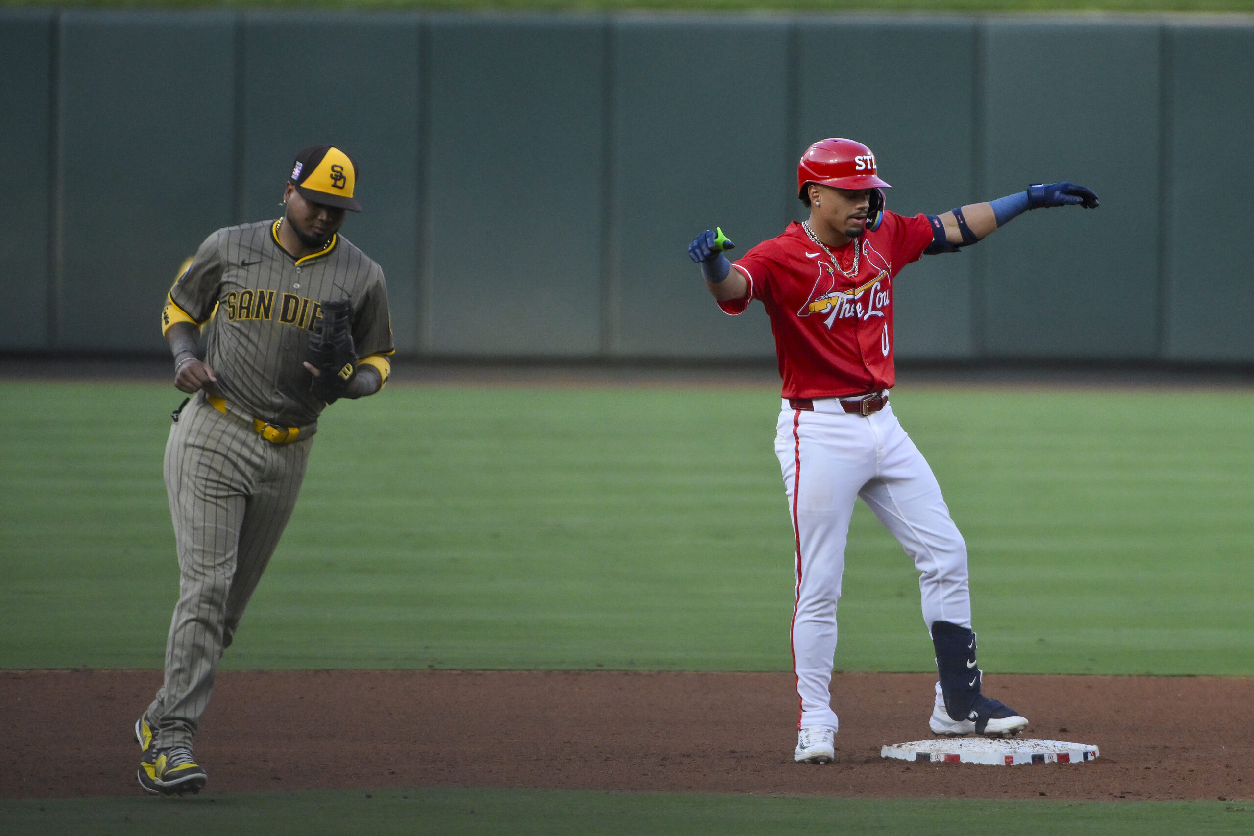 Jul 25, 2025; St. Louis, Missouri, USA;  St. Louis Cardinals shortstop Masyn Winn (0) reacts after hitting a two run double against the San Diego Padres during the fourth inning at Busch Stadium. Mandatory Credit: Jeff Curry-Imagn Images