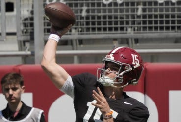 Ty Simpson warms up before Alabama football A-Day 2025.