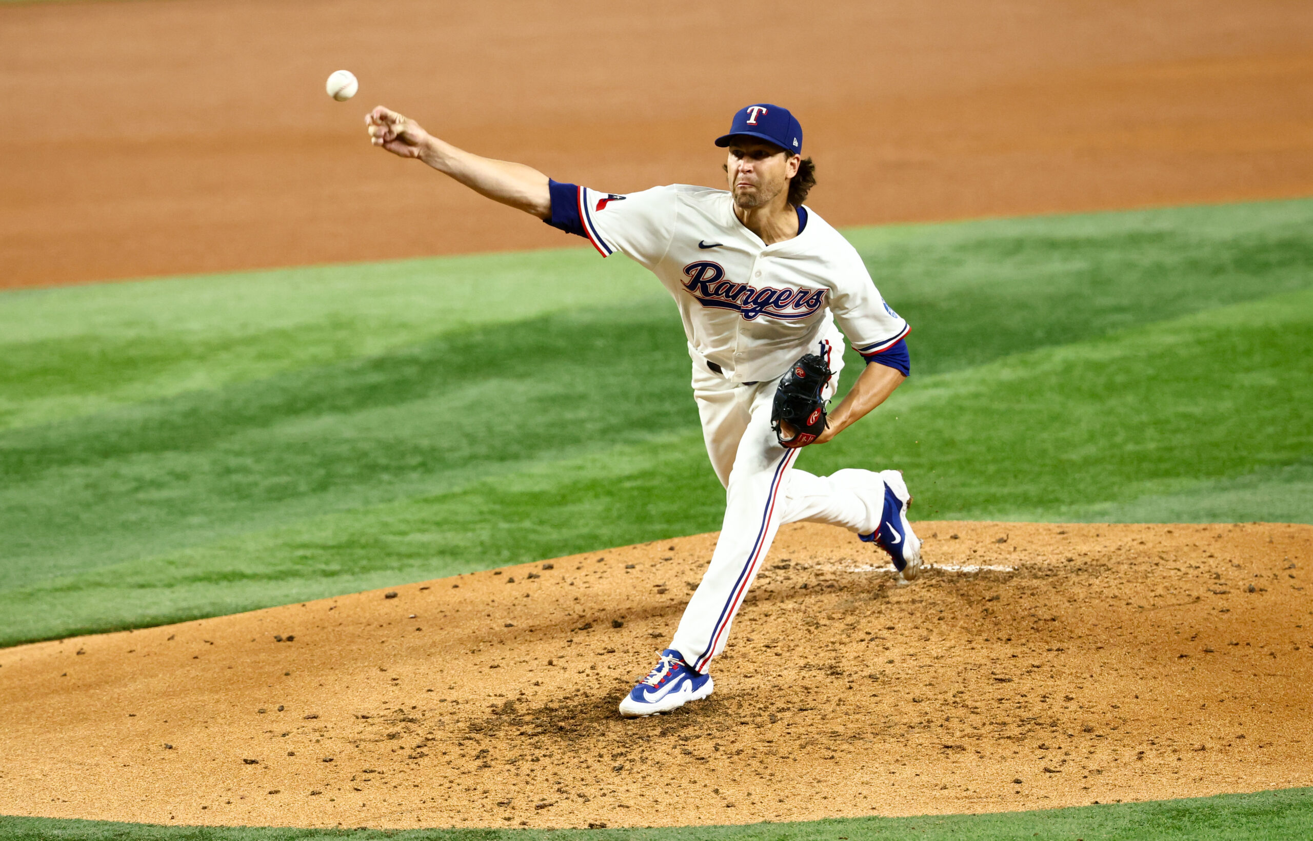 Jul 22, 2025; Arlington, Texas, USA;  Texas Rangers starting pitcher Jacob deGrom (48) throws during the fourth inning against the Athletics at Globe Life Field. Mandatory Credit: Kevin Jairaj-Imagn Images