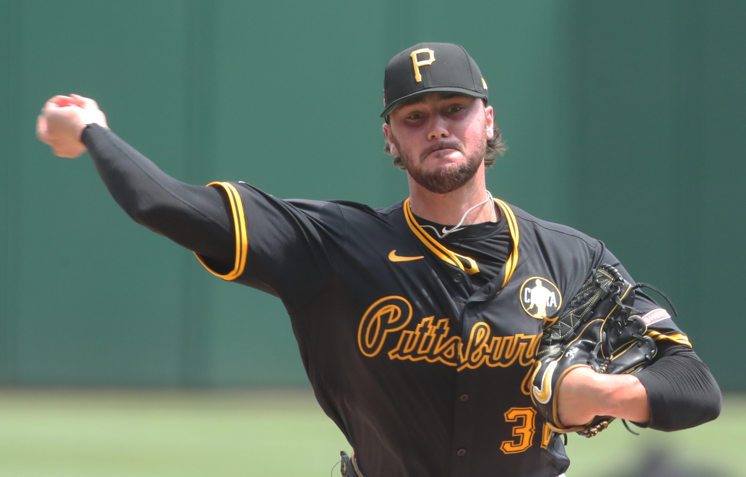 Jul 27, 2025; Pittsburgh, Pennsylvania, USA;  Pittsburgh Pirates starting pitcher Paul Skenes (30) pitches against the Arizona Diamondbacks during the third inning at PNC Park. Mandatory Credit: Charles LeClaire-Imagn Images